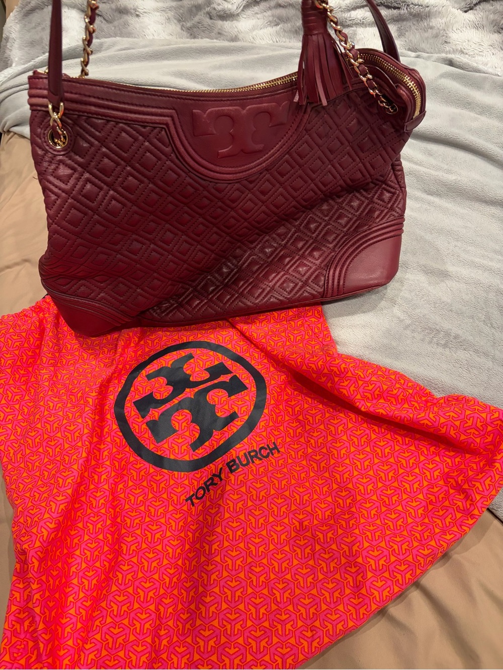 Tory Burch Quilted Burgundy Leather Shoulder Bag with Gold Chain